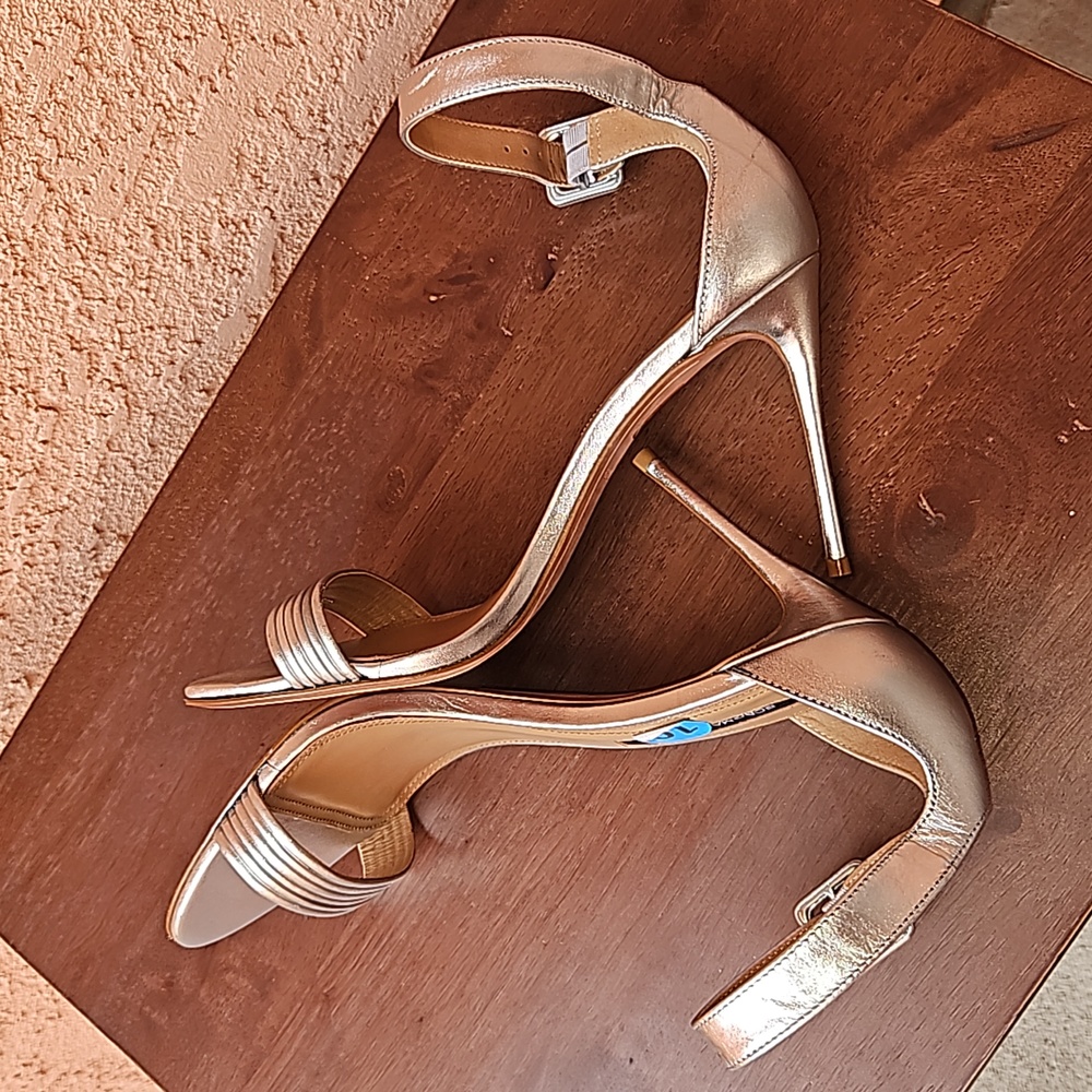 BCBGmaxazria Lucy Leather Heeled Stiletto Sandals In Silver Size 10 - Picture 14 of 15